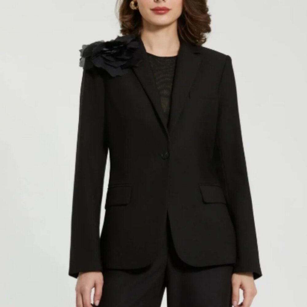 Mac Duggal Black Classic Crepe Blazer Jacket with Flower S NWT
